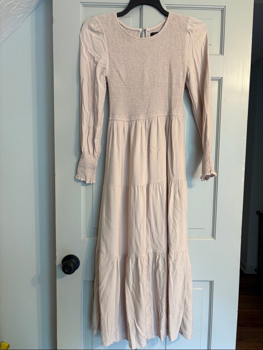 Zesica S Long Sleeve Smocked Bodice Beige Maxi Dress